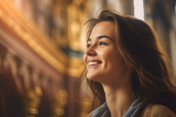 Illustration of young woman pray in church