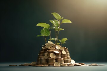 Green plant growing from the coins. Money and business