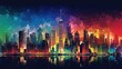  a colorful city skyline with a reflection of the water in the foreground and a reflection of the sky in the water on the other side. generative ai