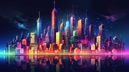 Wall Mural -  a city with a lot of tall buildings in the night sky with a reflection in the water and a reflection of the city in the water.  generative ai