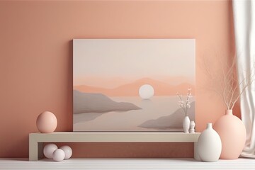 Poster -  a painting on a shelf next to vases and a vase with flowers on it in a room with a pink wall and white curtains.  generative ai