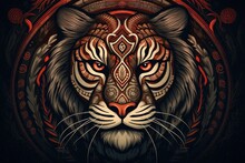  A Tiger's Face With Intricate Patterns On It's Face And Eyes, In A Circular Frame On A Black Background, With A Red Background.  Generative Ai