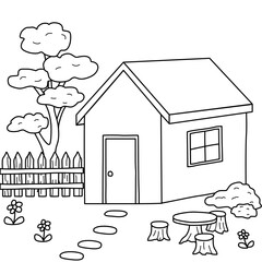 Wall Mural - drawing of a house on village environment for children coloring book