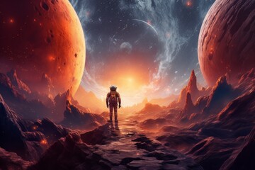 Wall Mural - Man astronaut in a spacesuit on the surface of the planet in outer space. Ai Generative AI