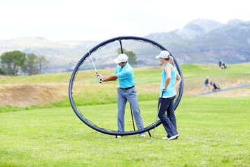 ring, sports woman or golfer in golf course lesson for fitness, workout or exercise with a swing on 