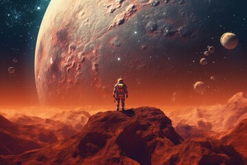 Wall Mural - Man astronaut in a spacesuit on the surface of the planet in outer space. Ai Generative AI