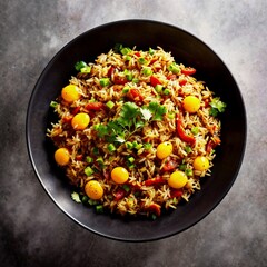 close up of food photography spicy egg fried rice with black background , generative AI