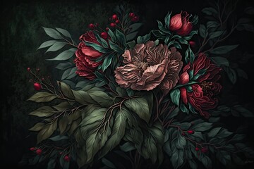 Wall Mural - Subtly textured red and green painted flowers dark moody background. Generative AI AIG15.