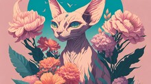 Sphinx Cat With Flower Vintage Art Illustration, Generative Ai

