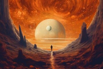 Wall Mural - Man astronaut in a spacesuit on the surface of the planet in outer space. Ai Generative AI