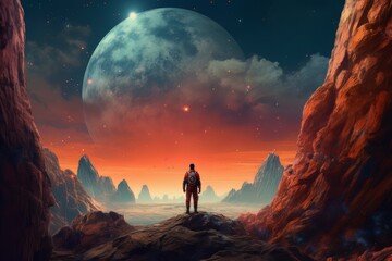 Wall Mural - Man astronaut in a spacesuit on the surface of the planet in outer space. Ai Generative AI