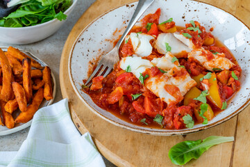 Poster - Sicilian fish with pepper sauce and sweet potato chips