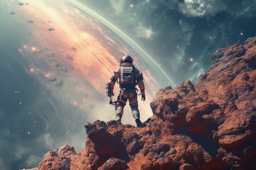 Wall Mural - Man astronaut in a spacesuit on the surface of the planet in outer space. Ai Generative AI