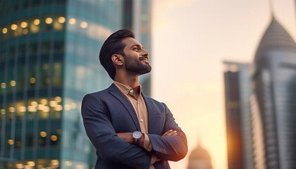 Close up profile portrait of a successful young bearded guy in a suit and glasses. So stylish and nerdy. Outdoors on a sunny street