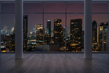 Wall Mural - Empty room Interior Skyscrapers View Bangkok. Downtown City Skyline Buildings from High Rise Window. Beautiful Expensive Real Estate overlooking. Night time. 3d rendering.