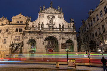 Wall Mural - Church of the Holy Saviour and Tram in Action. Long Exposure, Prague, Czech. Night Photo Shoot.