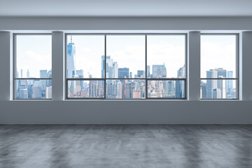 Downtown New York Lower Manhattan City Skyline Buildings from High Rise Window. Beautiful Expensive Real Estate. Empty room Interior Skyscrapers View Cityscape. Financial district. Day. 3d rendering.