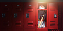 Baseball Ball And Bat In A Locker Room With Dramatic Light. Farewell Match Or Rerirement Concept.