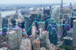 Aerial panoramic city view of Time Square area, Manhattan West Side and the Hudson River, New York city, USA. Forex graph hologram. The concept of internet trading, brokerage and fundamental analysis