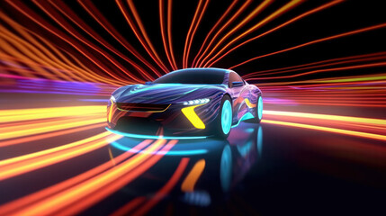 Wall Mural - Speeding Sports Car On Neon Highway. Powerful acceleration of a supercar on a night track with colorful lights and trails. 3d illustration Generative AI.