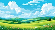 Rolling Summer Hills, Green Pastures, Blue Sky With Fluffy Clouds, Abstract Cartoon Art, Digital Illustration, Generative AI