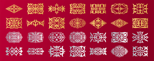 Wall Mural - Set of 28 islamic golden ornaments on red background in vector. Circular ornamental arabic symbols. Abstract Asian elements of the national pattern of the ancient nomads of the Kazakhs, Tatars, Kyrgyz