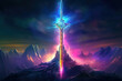 glowing magical sword in a fantasy landscape, Generative AI