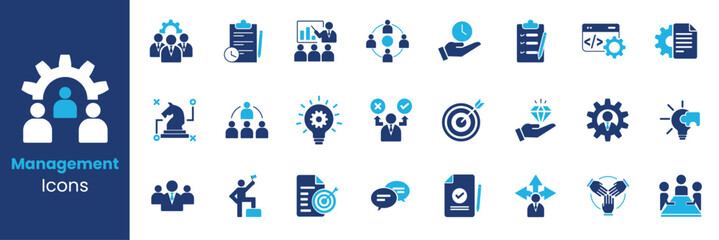 business or organization management icon set. containing manager, teamwork, strategy, marketing, bus