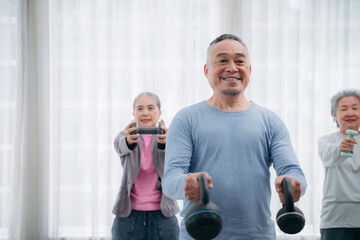 Wall Mural - Senior lifestyle at home. Older adults exercise at their houses. Senior exercising at a convalescent facility.