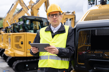 Aufkleber - Engineer in a helmet with a digital tablet stands next to construction excavators	
