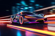 a Futuristic Sports Car On Neon Highway Powerful. Generative AI