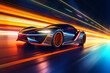 a Futuristic Sports Car On Neon Highway Powerful. Generative AI