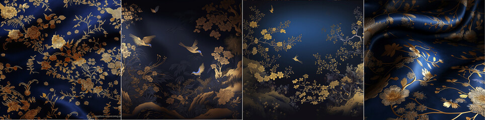 Chinese painting styles, with luxurious and elegant frame. Gold patterns and silk backgrounds give the artwork a mysterious touch. Hyper-realistic 18k resolution for amazing detail.