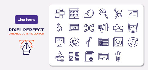 Wall Mural - technology outline icons set. thin line icons such as grid system, social graph, back end, css3, sel