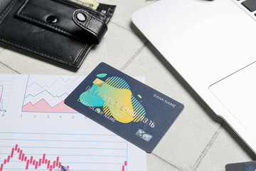 Poster - Wallet with money, credit card and  graphics on white tile table