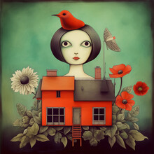 Girl With A Red Bird On Her Head Behind A House. Created With Generative AI Technology.
