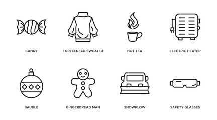 winter outline icons set. thin line icons such as candy, turtleneck sweater, hot tea, electric heater, bauble, gingerbread man, snowplow, safety glasses vector.