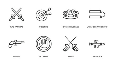 weapons outline icons set. thin line icons such as two katanas, objetive, brass knuckles, japanese nunchaku, musket, no arms, sabre, bazooka vector.