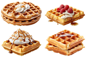 vanilla waffle with whipped cream, fruit, syrup, honey and ice cream on a transparent background, Generative AI