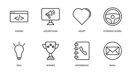 strategy outline icons set. thin line icons such as coding, advertising, heart, steering wheel, idea, winner, phonebook, email vector.