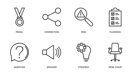 Wall Mural - strategy outline icons set. thin line icons such as medal, connection, risk, planning, question, speaker, strategy, desk chair vector.