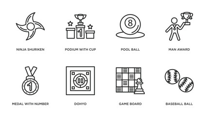 sports outline icons set. thin line icons such as ninja shuriken, podium with cup, pool ball, man award, medal with number 1, dohyo, game board, baseball ball vector.