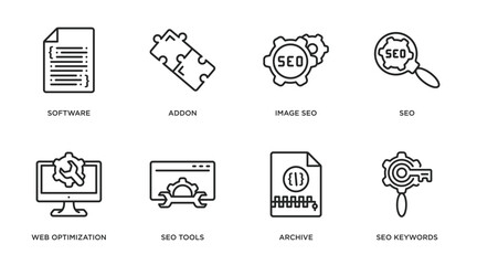 programming outline icons set. thin line icons such as software, addon, image seo, seo, web optimization, seo tools, archive, keywords vector.