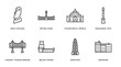 monuments outline icons set. thin line icons such as moia statues, retiro park, thatbyinnyu temple, monument site, vincent thomas bridge, belem tower, amritsar, denmark vector.