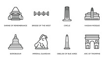 Monuments Outline Icons Set. Thin Line Icons Such As Shrine Of Remembrance, Bridge Of The West, Circle, Hassan Mosque, Borobudur, Imperial Guardian Lion, Obelisk Of Bue Aires, Arc Triomphe Vector.