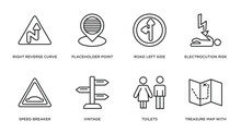 Maps And Flags Outline Icons Set. Thin Line Icons Such As Right Reverse Curve, Placeholder Point, Road Left Side, Electrocution Risk, Speed Breaker, Vintage, Toilets, Treasure Map With X Vector.