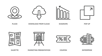 Wall Mural - marketing outline icons set. thin line icons such as place, download from cloud, diagrams, pop up, gazette, marketing presentation, coupon, enterprise vector.