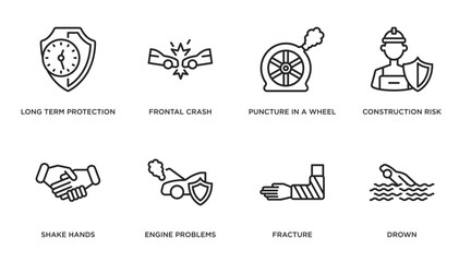 Sticker - insurance outline icons set. thin line icons such as long term protection, frontal crash, puncture in a wheel, construction risk, shake hands, engine problems, fracture, drown vector.