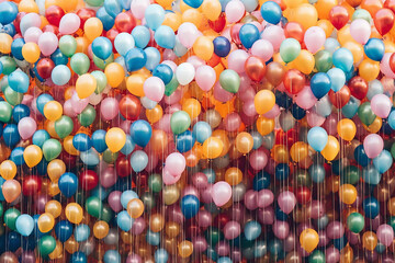 texture background of flying multicolored balloons, party decoration carnival design. Generative AI.