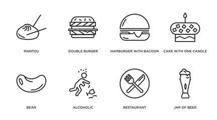 food outline icons set. thin line icons such as mantou, double burger, hamburger with bacoon, cake with one candle, bean, alcoholic, restaurant, jar of beer vector.